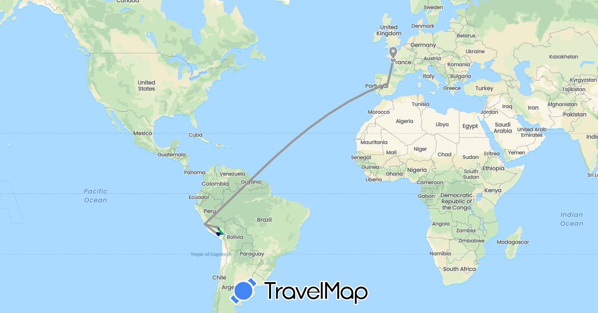 TravelMap itinerary: driving, bus, plane, train, hiking in Spain, France, Peru (Europe, South America)